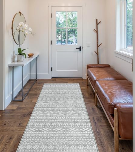 Lahome Boho Kitchen Runner Rug 2.5x8, Non Skid Washable Ultra-Thin Moroccan Grey White Rug Runners for Hallways Non Slip, Soft Tribal Print Indoor Carpet Runners for Hallway Laundry Room Varena - color: Grey/White, size: 2.5' x 8'