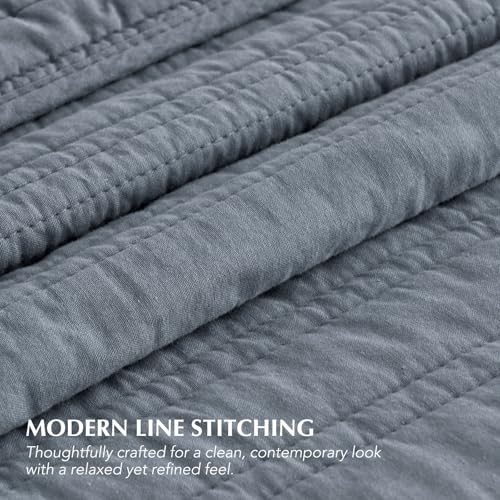 EVERGRACEHOME 100% Cotton Modern Lines Quilt Set Queen Size, Smoky Blue - color: Smoky Blue, size: Full/Queen (92" X 92")