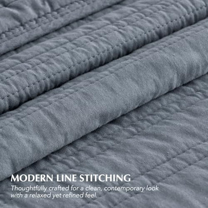 EVERGRACEHOME 100% Cotton Modern Lines Quilt Set King Size, Smoky Blue - color: Smoky Blue, size: King (108" X 92")