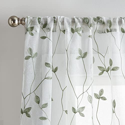 Curtainworks Botanical Embroidery Sheer Window Curtain Collection, Rod Pocket, 84-inch Panel Pair, Sage, Green - color: Green, size: 37"W x 84"L (Pack of 2)