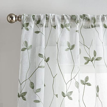 Curtainworks Botanical Embroidery Sheer Window Curtain Collection, Rod Pocket, 84-inch Panel Pair, Sage, Green - color: Green, size: 37"W x 84"L (Pack of 2)