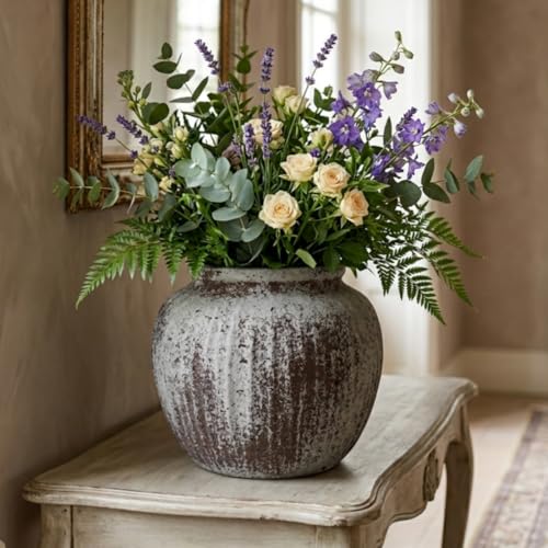 Oakrain Large Rustic Decorative Vase, 11" Distressed Gray Round Floor Vase