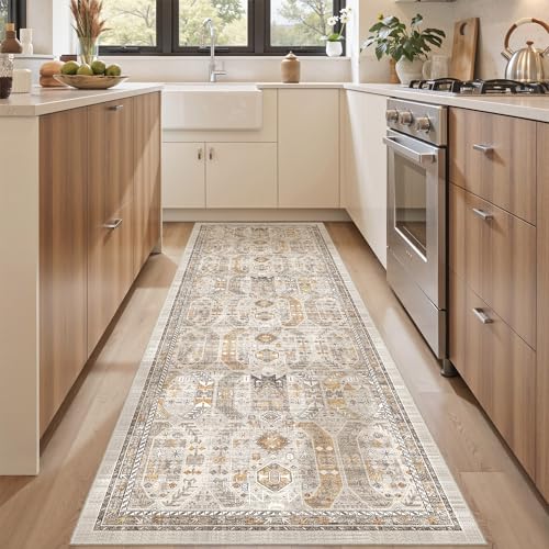 befbee 2'6"x8' Runner Rug for Hallway Washable Non Slip Kitchen Rug - color: Brown/Gold, size: 2'6" x 8' (Runner)