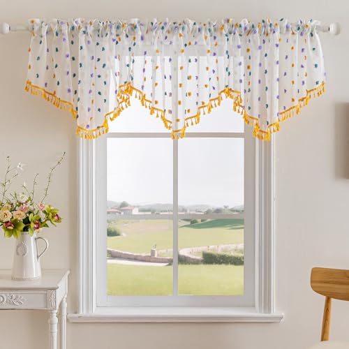 3 Pieces Boho Sheer Valances for Windows, Cute Pom Pom Rod Pocket Light Filtering Short Valance Curtains with Tassels for Nursery Kids Bedroom Bathroom Cafe (Yellow A,55"x24") - color: Yellow a