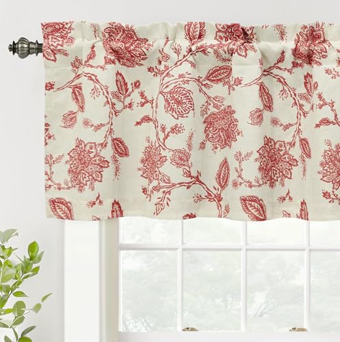 DriftAway Freda Jacobean Floral Linen Blend Blackout Thermal Insulated Energy Saving Privacy Window Linen Curtain Valance Rod Pocket 2 Layers Single 52 Inch by 24 Inch Plus 2 Inch Header Red Beige - color: Red, size: 52"W x 24"L (Pack of 1)