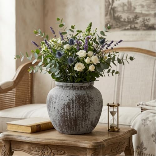 Oakrain Large Rustic Decorative Vase, 11" Distressed Gray Round Floor Vase