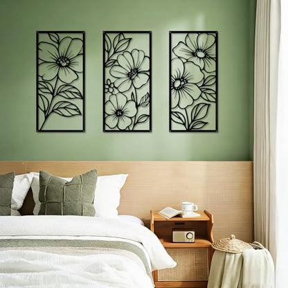 YIYA 3 Pcs Black Metal Flower Wall Art Minimalist Floral Line Art Sculpture 16.9" x 7.9" Rustic Iron Hanging Decor for Living Room Bedroom Bathroom - style: peony