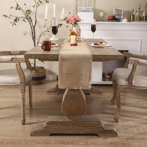 Simple&Opulence Boho Macrame Table Runner - 12 x 60 Inch, Burlap Farmhouse Linen Table Runner with Tassels for Bohemian Rustic Wedding, Bridal Shower, Dinner （Tassels - Brown ） - size: 12"x60", style: Fringe - Brown