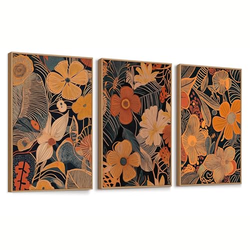FDYCKVIP Orange Floral Plant Framed Canvas Wall Art Set of 3, Flowers Bouquet Botanical Wall Decor, Mid Century Modern Art Prints, Large Boho Artwork for Living Room Bedroom Office 16"x24" - color: 16"x24" Orange Floral Wall Art