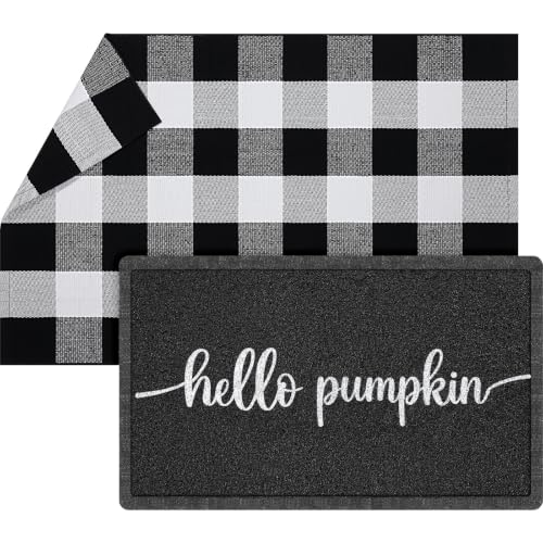 Geelin 2 Pcs Hello Pumpkin Doormat, Black and White Buffalo Plaid Rug Set - style: Hello Pumpkin
