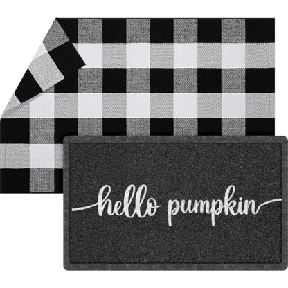 Geelin 2 Pcs Hello Pumpkin Doormat, Black and White Buffalo Plaid Rug Set - style: Hello Pumpkin