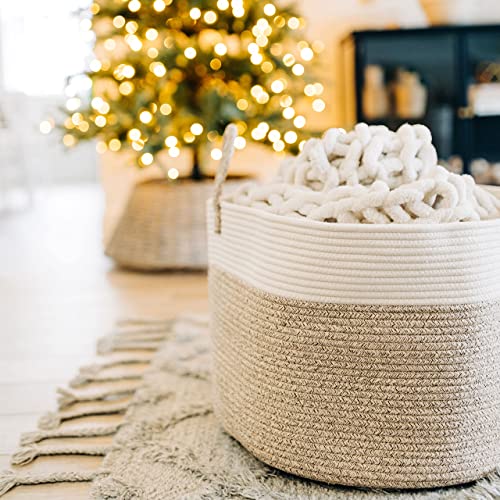 OrganiHaus Round Toy Basket & Blanket Basket, Cotton Rope 20x13" - color: Brown / Off-White, size: Wide