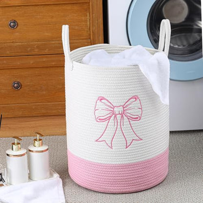 Honeydak Pink Bow Cotton Rope Laundry Basket Hamper, Bowknot - style: Bowknot
