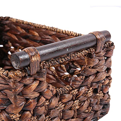 Water Hyacinth Wicker Storage Basket with Wood Handles, Large - color: Dark Brown, size: 14.17x 10.23x 6.69