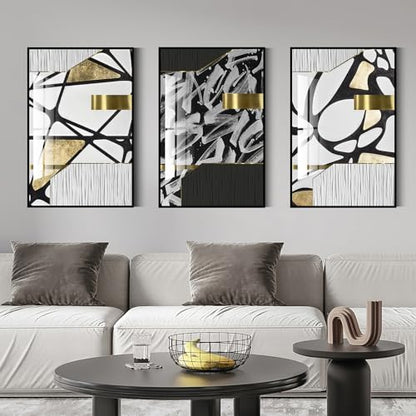 QKF 3Pcs Black White Gold Abstract Geometric Crystal Framed Canvas Wall Art - color: Black White Gold And Gray, size: 20" X 28" X 3 pieces