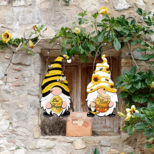 NBEADS 2 Pcs Bee Gnome Wooden Sign, Bee Happy Home Hanging Decor Bumble Bee Door Sign Gifts Farmhouse Wall Hanging Plaque with Jute Twine for Farmhouse Living Room Decor, About 5.6"×11.8" - color: Bee Happy Gnome-2pcs, size: 5.6"×11.8"(L×W)