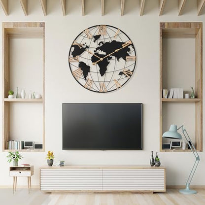 Pytha Sight 36 Inch Large Extra Metal Oversized Roman World Map Wall Clock - color: Gold Roman, size: 36 inch