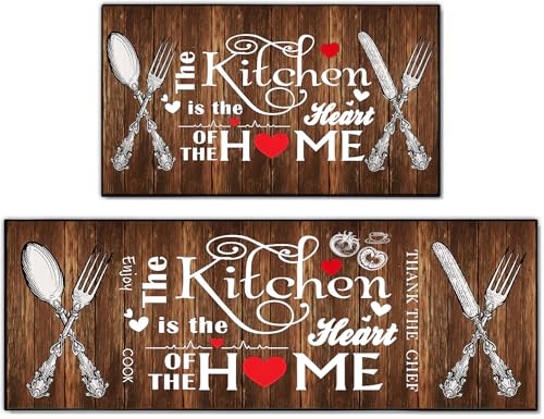 Kitchen Mats for Floor 2 Piece Set,Farmhouse Kitchen Rug Vintage Style Theme Decor,Absorbent Washable Non-Slip Floor Mats 17x30+17x47 Inches - color: Brown