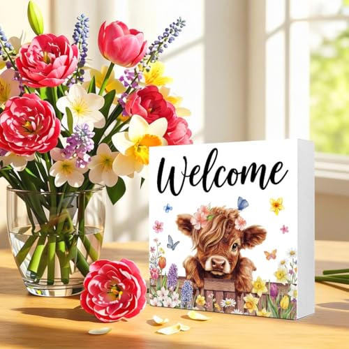 Cute Highland Cow Wooden Box Welcome Sign - color: Highland Cow