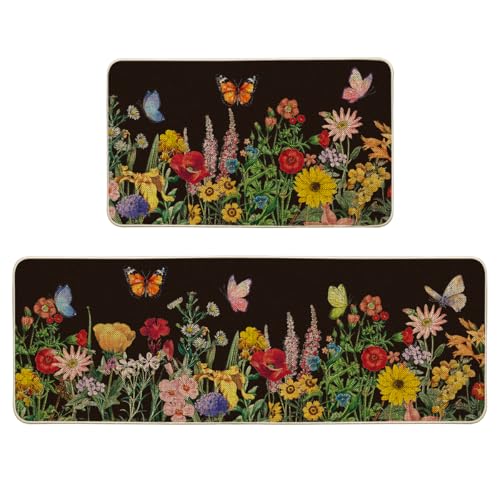 Artoid Mode Black Flowers Butterfly Spring Kitchen Mats Set of 2, Seasonal Home Decor Leaves Low-Profile Kitchen Rugs for Floor - 17x29 and 17x47 Inch - color: Black, size: 17" x 29" /17" x 47"