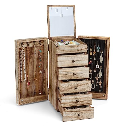Meangood Jewelry Box Wood for Women, 6-Layer Large Organizer Box with Mirror & 5 Drawers for Rings, Earrings, Necklaces, Vintage Style, Torched Wood - color: Torched Wood, size: 5-Drawer