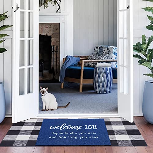 JJUUYOU Large Door Mat Welcome Doormat Low Profile Floor Mats Front Doormats Blue Welcome-ish Indoor Door Mats Non Slip Absorbent Resist Dirt Entrance Doormat for Entryway, Patio 24"x36" - color: Welcome Ish-blue, size: 24" x 36"