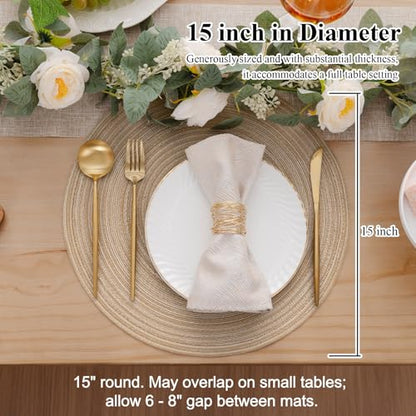 SHACOS 15 inch Round Placemats Set of 6, Cotton Polyester Woven Braided Place Mats, Washable Heat Resistant Circle Table Mats for Dining Table (Beige, 6) - color: Beige, size: Set of 6