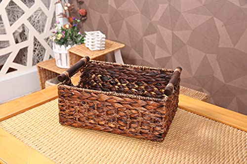 Water Hyacinth Wicker Storage Basket with Wood Handles, Large - color: Dark Brown, size: 14.17x 10.23x 6.69
