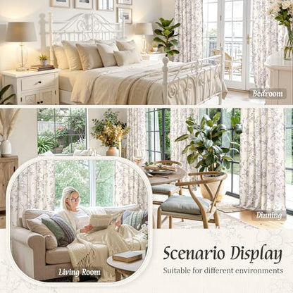 LAMIT Floral Linen Window Curtains 63 Inch Length, 2 Panels, Black - color: Black on Beige, size: 52"W x 63"L (Pack of 2)