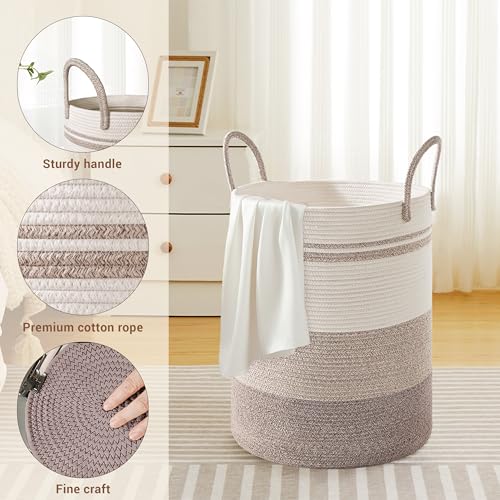 58L Tall Cotton Rope Laundry Basket with Handles, Brown Striped - color: Brown Striped, size: 58L