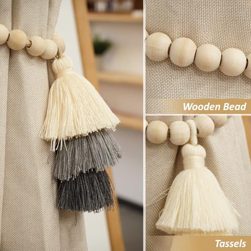 Magnetic Curtain Tiebacks with Wood Beads, Boho Rope Drapery Holdbacks with Triple Tassels, No Drill Curtain Holders for Farmhouse Bedroom, Living Room or Nursery,Set of 2, Beige Grey Charcoal - color: Beige/Gray/Charcoal