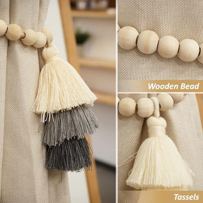 Magnetic Curtain Tiebacks with Wood Beads, Boho Rope Drapery Holdbacks with Triple Tassels, No Drill Curtain Holders for Farmhouse Bedroom, Living Room or Nursery,Set of 2, Beige Grey Charcoal - color: Beige/Gray/Charcoal