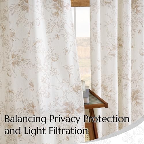 Tan Beige Floral Pleat Linen Small Curtains Semi Sheer Boho Curtain 40x45 - color: Coffee, size: 40"W x 45"L (Pack of 2)