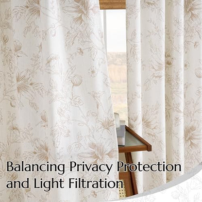 Tan Beige Floral Pleat Linen Small Curtains Semi Sheer Boho Curtain 40x45 - color: Coffee, size: 40"W x 45"L (Pack of 2)