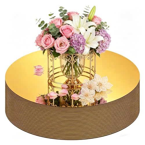 26PCS Round Gold Mirror Tiles for Centerpieces, 6" Gold Flat Circle Mirror Plates for Wedding Party Table Decorations, Round Mirror Candle Plates for Baby Shower Event Decor, Table Mirrors - size: 6inch