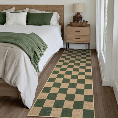 Lahome Checkered Easy Jute Kitchen Runner Rug, 2x8 Outdoor Rugs Washable - color: Deep Green/Nature-1, size: 2'6" x 8' (Runner)