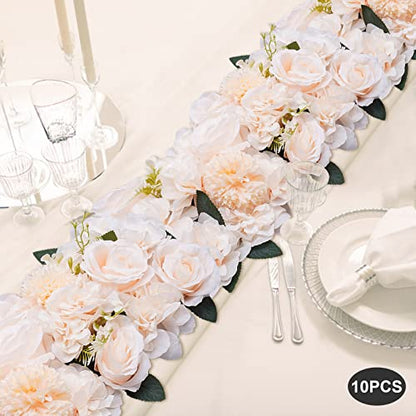 10 Pcs Wedding Dining Table Flower Centerpiece 20.5x11 Inch, Champagne Silk Rose Flower Arrangement For Table Reception Decorations, Artificial Centerpiece For Kitchen Living Room Home Decor