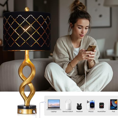 Cinyirong 30" Black and Gold Table Lamp for Living Room, Modern Touch Control Bedside Lamp for Bedroom, 3-Way Dimmable Sculptural Resin Nightstand Lamp with USB A+C Ports and 1 LED Bulb (1 Pack) - color: Black & Gold (1 Pack)