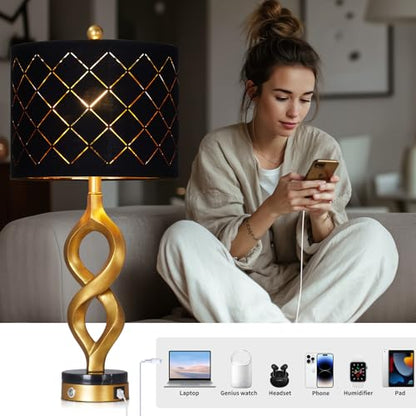 Cinyirong 30" Black and Gold Table Lamp for Living Room, Modern Touch Control Bedside Lamp for Bedroom, 3-Way Dimmable Sculptural Resin Nightstand Lamp with USB A+C Ports and 1 LED Bulb (1 Pack) - color: Black & Gold (1 Pack)