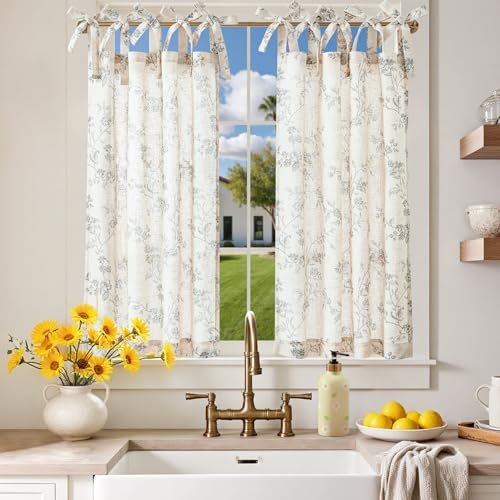 jinchan Grey Floral Kitchen Tier Curtains Alisa 36 Inches Tie Top 2 Panles - color: Alisa Grey on Linen, size: 26"W x 36"L (Pack of 2)