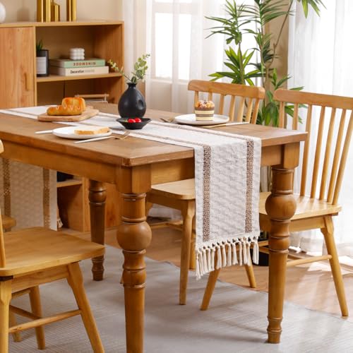 120 inch Table Runner Khaki Double Striped Boho Fall Decor - color: Khaki Double Stripes