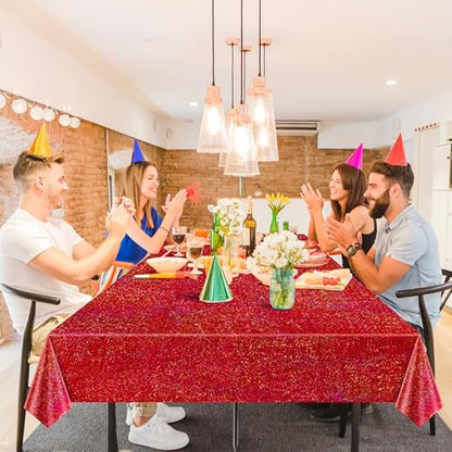 Red & Silver Carnival Laser Tablecloth 40" x 108" Shining Christmas Holiday Holographic Table Cloth Birthday Graduation Party Table Cover Plastic Foil Party Supplies For Anniversary Baby Shower - color: Red & Silver