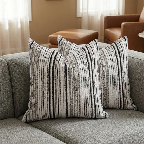 Set of 2 Striped Chenille Throw Pillow Covers 18x18 Inches Premium Plush Textured Decorative Cushion Covers Reinforced Hidden Zipper Mid-Century Modern Farmhouse Decor for Couch Sofa Black - color: Black, size: 18" x 18" (Pack of 2)