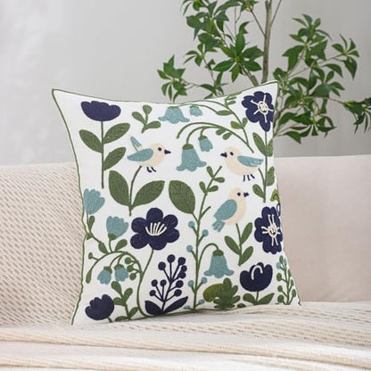 Embroidered Throw Pillow Covers 18x18 inch Pack of 2 Navy Blue Birds - color: Green Leaves With Birds