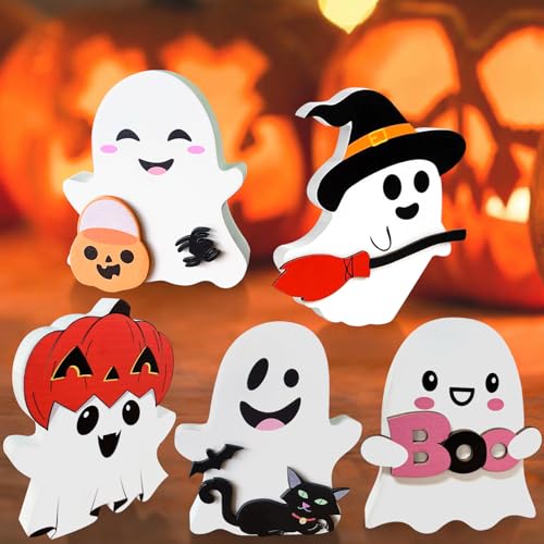 Cute Ghost Halloween Decorations Indoor: Wooden Ghost Decor Table Signs Set of 5 for Home Tiered Tray Mantel Display - style: Cute Ghost
