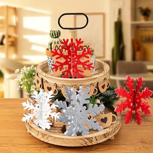 Wooden Snowflake Decorations, 3D Christmas Table Decorations, Set of 12 - color: White Silver Red, size: 12 set