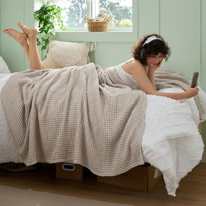 Bedsure Lightweight 100% Cotton Waffle Blanket, Twin XL, Linen - color: Linen, size: Twin Xl (66" X 90")