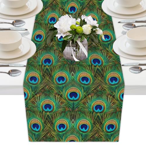 AUUXVA Table Runner Peacock Feather Durable Luxury Dresser Scarf Tabletop Cloth for Wedding Dining Table Holiday Party Kitchen Home Decoration 13x70in - color: Peacock Feather, size: 13x70(in)