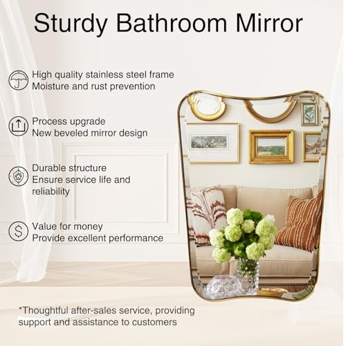 POZINO 48"x30" Premium Large Brushed Gold Bathroom Beveled Mirror - color: Brushed Gold Irregular, size: 48"L x 30"W