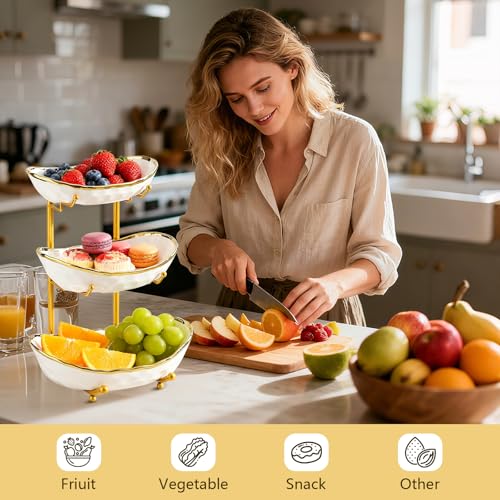 Gets 3 Tier Fruit Bowl Ceramic Metal Stand Tiered Serving Tray White - color: White
